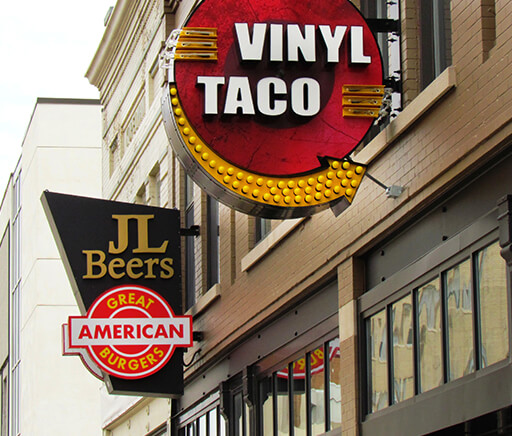 Downtown Fargo Exterior Cabinets of JL Beers and Vinyl Taco
