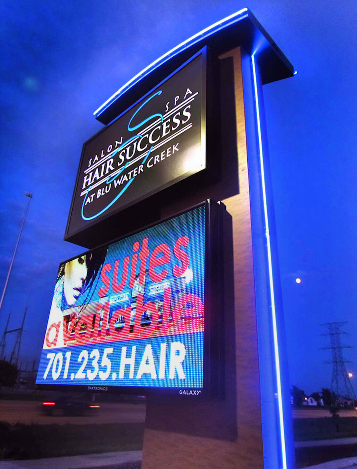 Hair Success at Blu Water Creek Fargo ND Custom Pylon Sign with Accent Blue Lighting and Daktronics EMC
