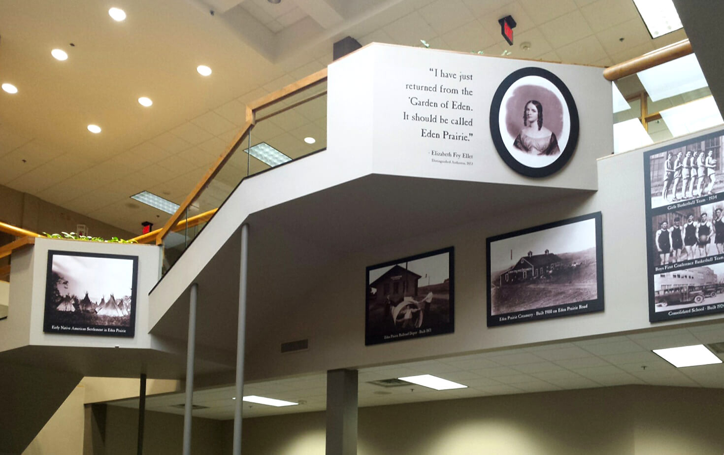 History Photo Display on 2nd floor railing at City of Eden Prairie MN