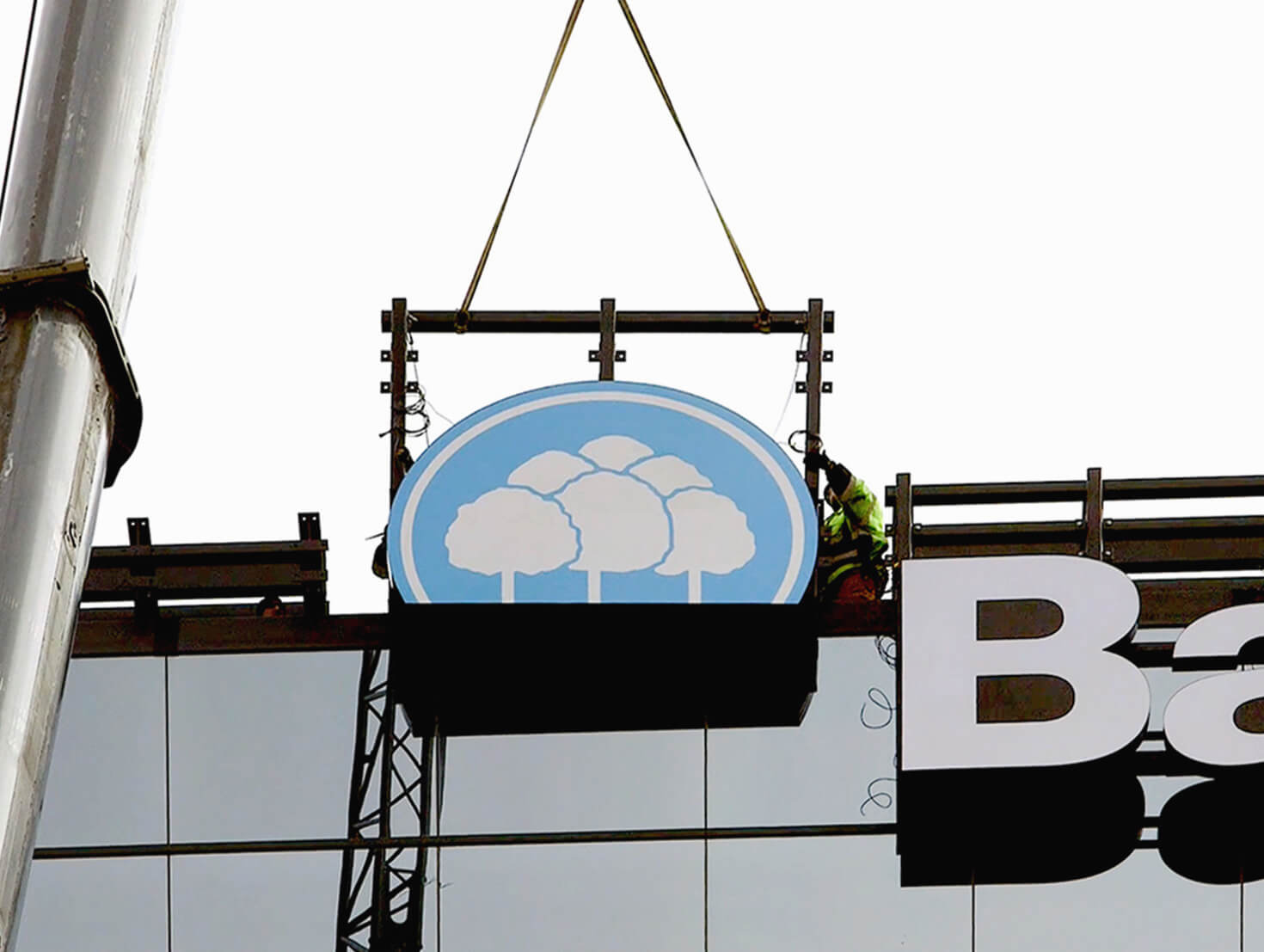 Installing Signage on Bell Bank high-rise in Bloomington MN