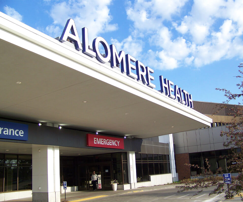 Alomere Health Entrance Channel Letters on custom raceway Alexandria MN