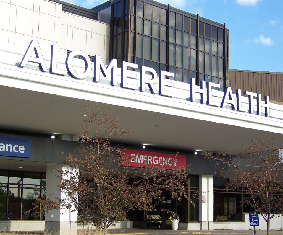 Alomere main campus channel letters installed over emergency entrance