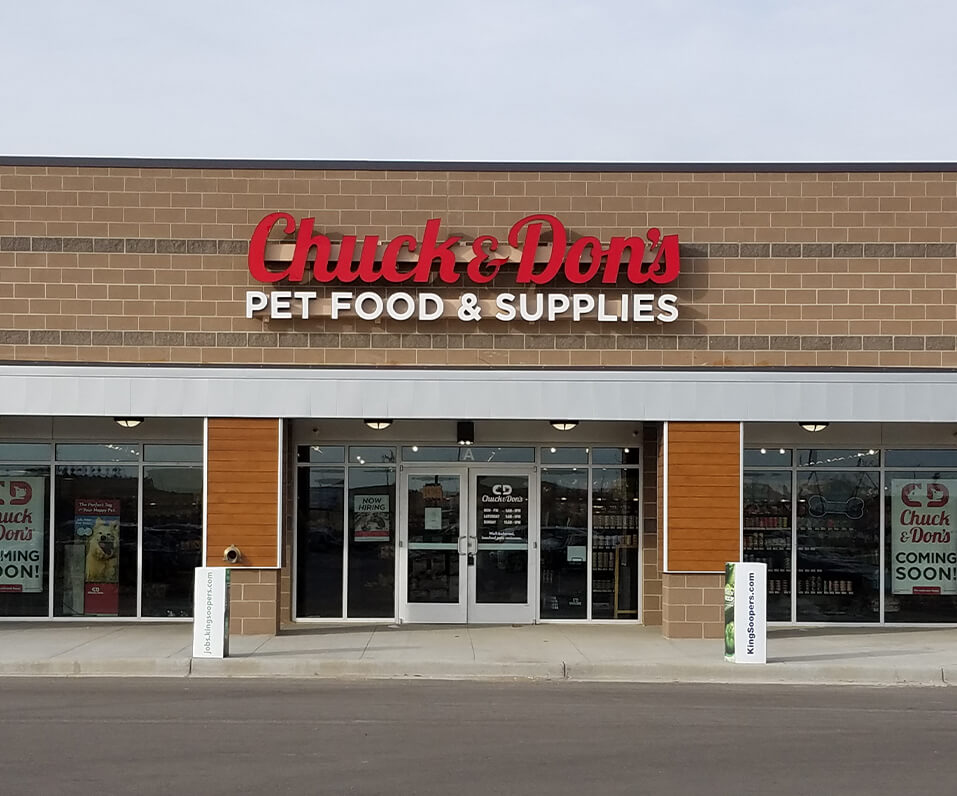 Chuck and Dons Pet Food and Supplies Storefront Channel Letters on a Raceway