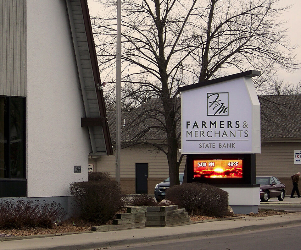 Farmers and Merchants State Bank monument sign with digital display