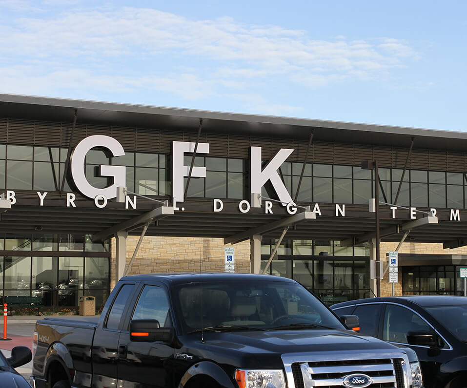 GFK Byron Dorgan Terminal signage building front
