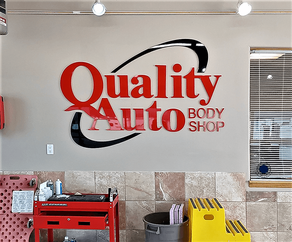 Interior Logo Quality Auto Body Shop glossy sign in shop