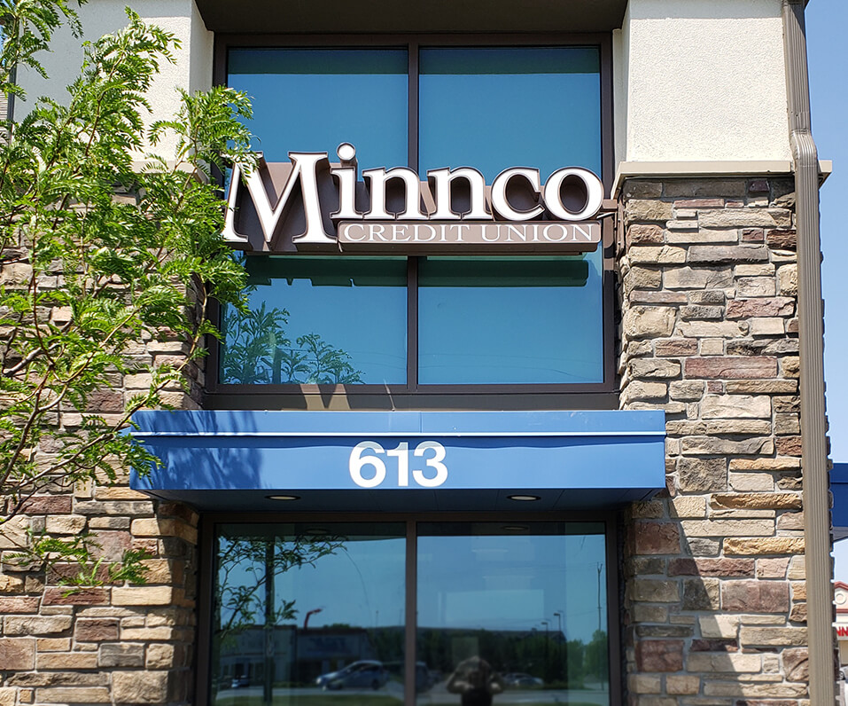 Minnco Credit Union Building Entrance photo with Channel Letters and metal awning
