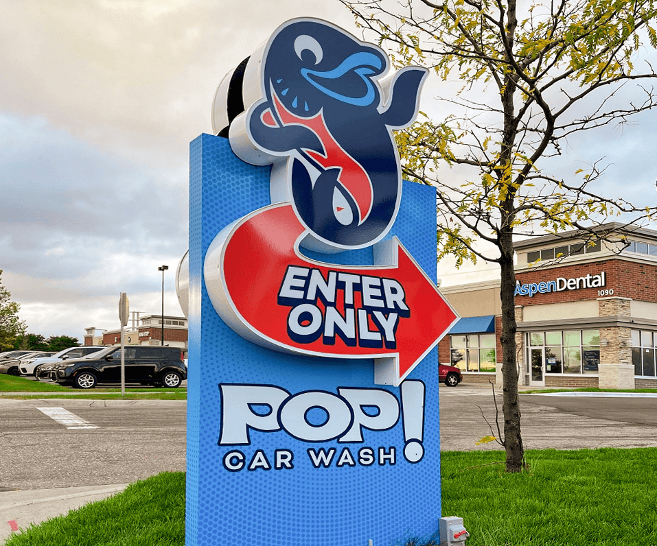 Pop Car Wash Brooklyn Center MN Entrance Directional Sign with Custom Print and Channel Letters